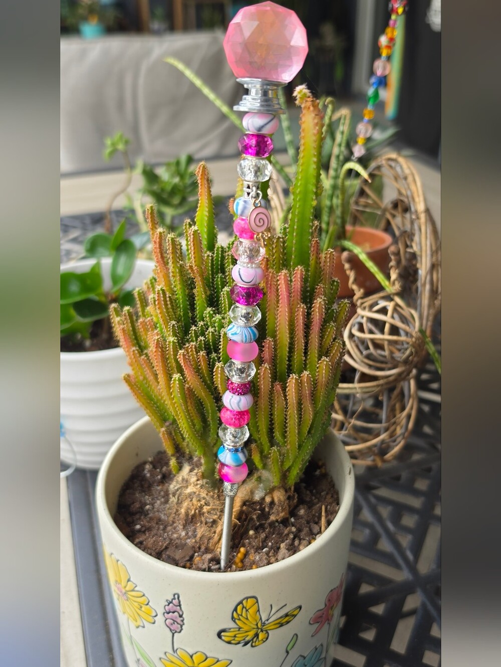 Handmade Beaded Plant Stake, Garden Decor With Charm